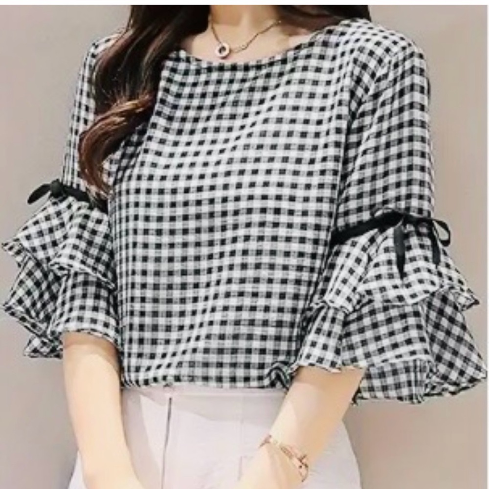 New Stylish Plaid Black & White layered Flare print Blouse / XL